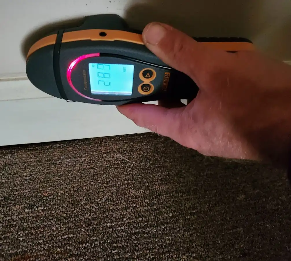 Moisture detection at baseboard during Storm Damage Restoration in Belmont